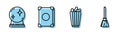 Set line Popcorn in box, Magic ball, Ancient magic book and Witches broom icon. Vector Royalty Free Stock Photo