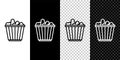 Set line Popcorn in cardboard box icon isolated on black and white background. Popcorn bucket box. Vector