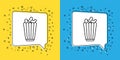 Set line Popcorn in cardboard box icon isolated on yellow and blue background. Popcorn bucket box. Vector Illustration Royalty Free Stock Photo