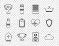Set line Pope hat, Cloud, Notebook, Trophy cup, Battery, Stereo speaker and Shield icon. Vector