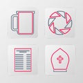 Set line Pope hat, Paper or financial check, Camera shutter and Coffee cup icon. Vector