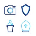 Set line Pope hat, Speaker, Shield and Photo camera icon. Vector
