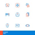 Set line Portable video game console, Chest for, Computer mouse, Playing cards, Game controller joystick, dice and Royalty Free Stock Photo