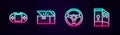 Set line Portable video game console, Chest for, Racing simulator and Case of computer. Glowing neon icon. Vector