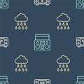 Set line Portable video game console, Cloud with rain and Home stereo two speakers on seamless pattern. Vector