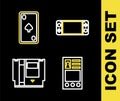 Set line Portable video game console, Create account screen, Cartridge and Playing card with diamonds icon. Vector