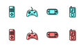 Set line Portable video game console, Remote control, Gamepad and Music player icon. Vector