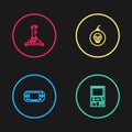 Set line Portable video game console, Retro arcade machine, Bomb ready to explode and Joystick for icon. Vector Royalty Free Stock Photo