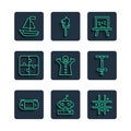 Set line Portable video game console, Robot toy, Tic tac toe, Chalkboard, Toy puppet doll hand, Puzzle pieces, boat and