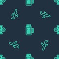 Set line POS terminal, Plane and Hourglass and gear on seamless pattern. Vector