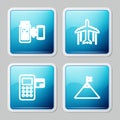 Set line POS terminal, Plane, Pos and Mountains and flag icon. Vector Royalty Free Stock Photo