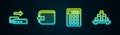Set line Pos terminal, Wallet, Calculator and Gold bars. Glowing neon icon. Vector