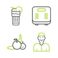 Set line Positive thinking, Fruit, Bathroom scales and Fresh smoothie icon. Vector