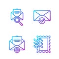Set line Postal stamp, Delete envelope, Envelope with magnifying glass and Envelope and check mark. Gradient color icons Royalty Free Stock Photo