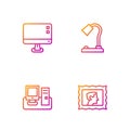 Set line Postal stamp, Monitor with keyboard, Computer monitor screen and Table lamp. Gradient color icons. Vector