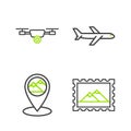 Set line Postal stamp and Mountains, Map pointer with mountain, Plane and Drone flying action video camera icon. Vector
