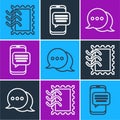 Set line Postal stamp, Speech bubble chat and Chat messages notification on phone icon. Vector