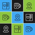 Set line Postcard with heart, Location and Coffee cup and icon. Vector