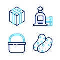 Set line Potato, Basket, Full sack and wooden box and Bale of hay icon. Vector Royalty Free Stock Photo