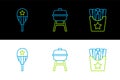 Set line Potatoes french fries in box, Balloons and Barbecue grill icon. Vector