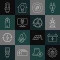 Set line Power button, Car battery, Electric tower, plug, Battery, LED light bulb and Wind turbine icon. Vector Royalty Free Stock Photo