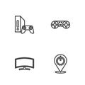 Set line Power button, Computer monitor, Game console with joystick and controller icon. Vector Royalty Free Stock Photo