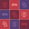 Set line Power button, Game dice and controller or joystick icon. Vector Royalty Free Stock Photo