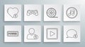 Set line Power button, Gamepad, Add friend, Play in square, Speech bubble chat, Film reel, Music note, tone and Like and Royalty Free Stock Photo