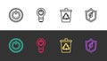 Set line Power button, Light bulb with lightning, Recycle bin recycle and Shield leaf on black and white. Vector Royalty Free Stock Photo