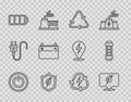Set line Power button, Location with leaf, Recycle symbol, Shield, Battery, Car battery, recycle and icon. Vector Royalty Free Stock Photo