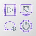 Set line Power button, Speech bubble chat, Dislike in speech and Play Video icon. Vector