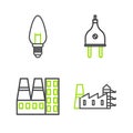 Set line Power station plant and factory, Electric plug and Light bulb icon. Vector