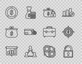 Set line Presentation financial board with graph, Lock, Closed wallet lock, Project team base, Coin money dollar symbol