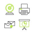Set line Presentation financial board with graph, schedule, chart, diagram, infographic, pie graph, Envelope, Printer