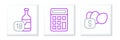 Set line Price tag for egg, Wine bottle and Calculator icon. Vector