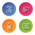 Set line Price tag for fish, egg, Bottle with milk and Canned. Color circle button. Vector