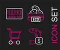 Set line Price tag for fish, Shopping cart, Wooden box fruits and Barcode icon. Vector