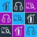 Set line Price tag with Free, Search package and Headphones icon. Vector Royalty Free Stock Photo