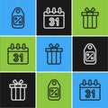 Set line Price tag with Sale, Gift box and Calendar icon. Vector Royalty Free Stock Photo
