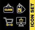 Set line Price tag with Sale, Monitor shopping basket, Shopping cart and Hanging sign Closed icon. Vector