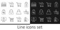 Set line Price tag with Sale, Remove shopping basket, Shopping cart, Handbag, Shoping percent discount, building text Royalty Free Stock Photo