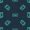 Set line Price tag with text Sale, Certificate template and Shopping cart on computer on seamless pattern. Vector Royalty Free Stock Photo