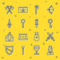 Set line Princess, Crossed medieval sword, Old key, Medieval axe, chained mace ball, Dagger, axes and Torch flame icon