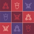 Set line Princess or queen, Skull with sword and King crown icon. Vector Royalty Free Stock Photo