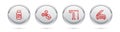 Set line Printer ink bottle, Scissors, Text and Scanner. Silver circle button. Vector