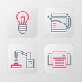 Set line Printer, Robotic robot arm hand factory, Electric kettle and Light bulb icon. Vector Royalty Free Stock Photo