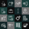 Set line Printer service, Mobile Apps, Toaster, CD or DVD disk, Laptop, Refrigerator, Microphone and Wrench icon. Vector Royalty Free Stock Photo