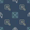 Set line Printing house industry, 3D printer and Geometric figure Cube on seamless pattern. Vector