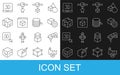 Set line Printing house industry, 3D printer, Isometric cube, and Filament for icon. Vector