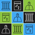 Set line Prison window, Anonymous with question mark and Evidence bag and bullet icon. Vector